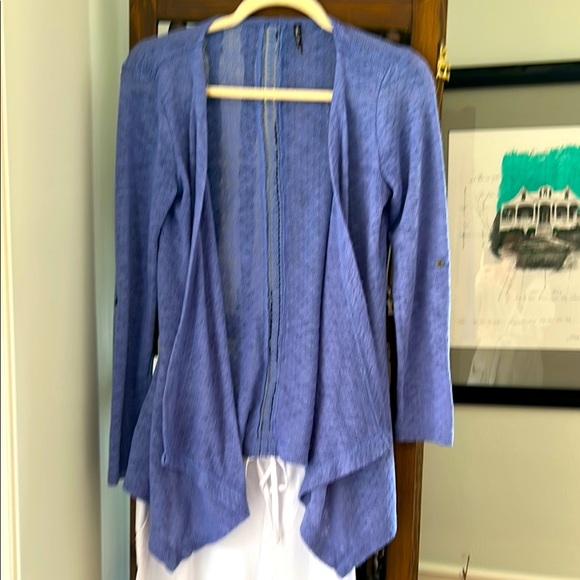 Waterfall Knit Cardigan Periwinkle Blue Open Front Roll Tab Sleeves Size Small - Picture 1 of 11